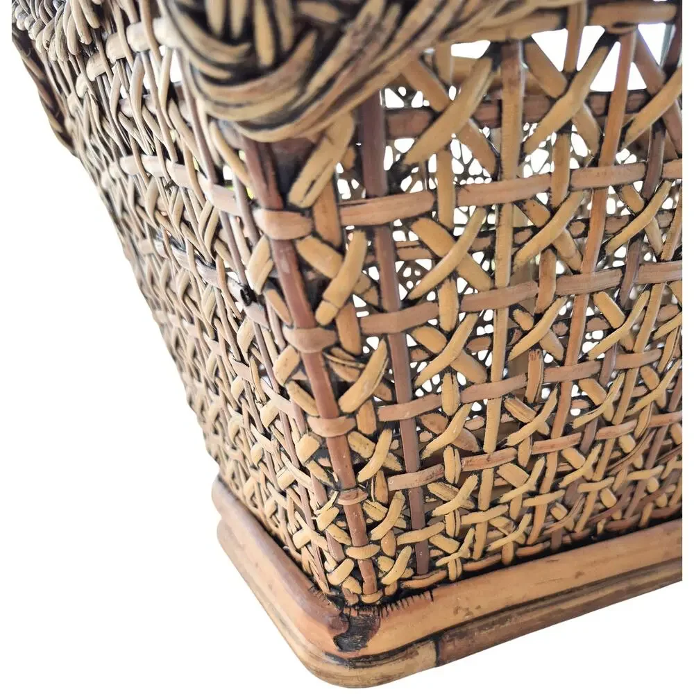 Vintage Rattan Woven Wicker Basket Magazine Rack 1960s Cottage Cabin Handles